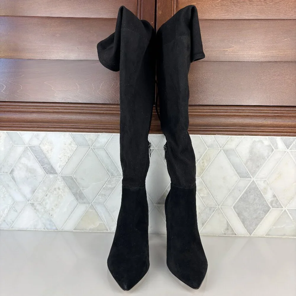 8 Suede Knee High Tall Boot Curvy Heel Pointed Toe Leather Suede Tie Taplana